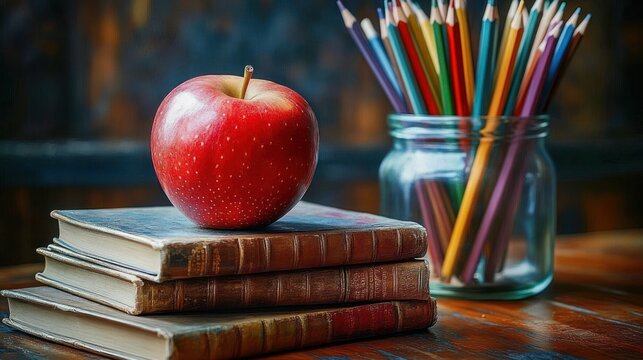 Red apple resting on a stack of three old books with a glass jar filled with colorful pencils on a wooden table