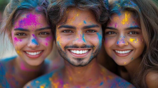 Three young people smiling closely together with colorful powder paint on their faces and bodies celebrating happiness and friendship outdoors