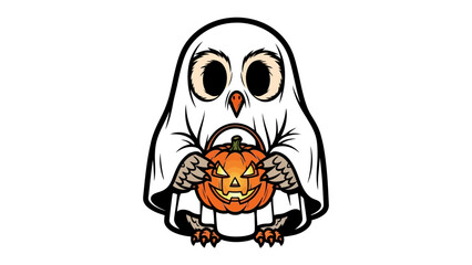 Spooky Owl in a Costume: An adorable cartoon owl is ready for trick-or-treating, dressed as a spooky ghost and carrying a glowing pumpkin lantern, perfect for a fun Halloween celebration.