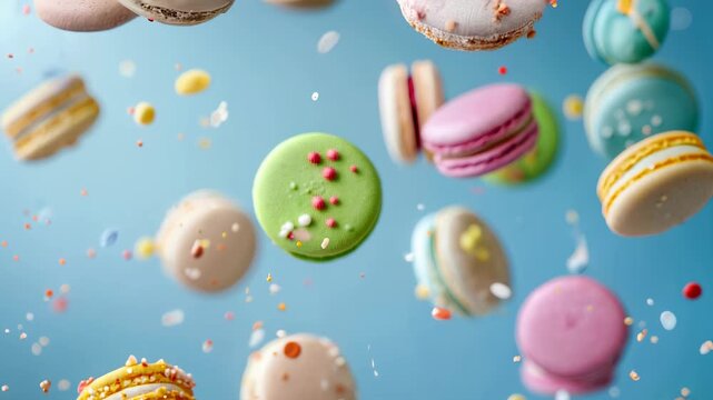 Colorful macarons tumble in slow motion with crunchy sprinkles, elegant crumbs and creamy fillings revealed; joyful gourmet footage designed for patisserie campaigns, cafe menus