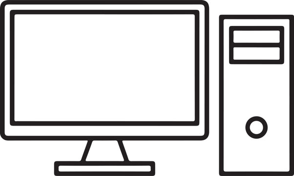 Simple line art icon of a desktop computer with monitor and tower