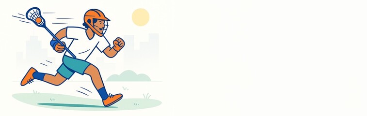 Obraz premium Cartoon lacrosse player running with stick, wearing helmet and sportswear on city park background with empty copyspace on right side. Ai generative