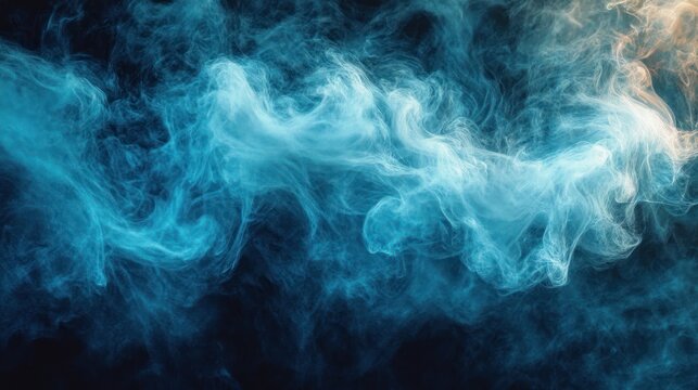 Swirling wisps of blue and light orange smoke blending and curling against a dark background creating a mysterious and ethereal atmosphere