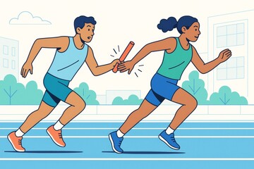 Obraz premium Two athletes performing baton handoff in a relay race on track with light abstract background and cityscape elements in cartoon style. Ai generative