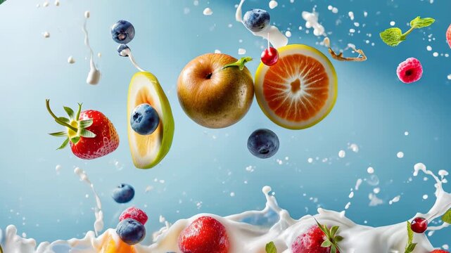 Abundant fruit pieces fly through a dynamic milk explosion against a bright blue background, delicious motion and sparkling droplets; energetic dairy visual crafted for yogurt launches