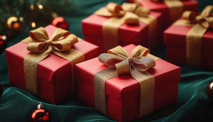 Obraz premium Elegant red gift boxes with sparkling golden ribbons arranged on soft dark green fabric, evoking festive and joyful holiday spirit