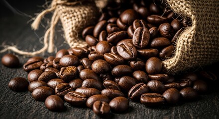 Fototapeta premium Roasted coffee beans spilling from burlap sack onto dark stone surface, close-up of aromatic coffee texture 