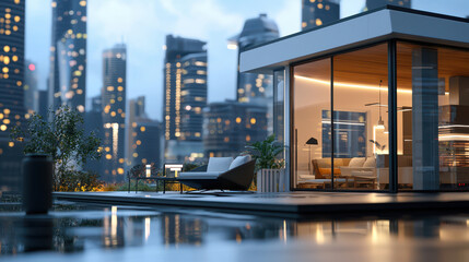 Modern cottage with large glass windows showcases cozy interior, surrounded by vibrant city skyline at dusk, creating serene atmosphere