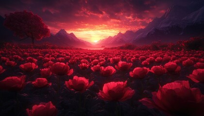 Crimson poppy field at sunrise. Vivid red flowers fill a vast valley, mountains rise behind