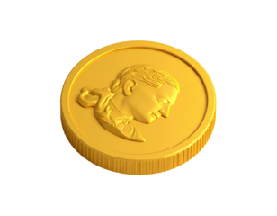 Gold coin with female profile relief. Textured edge, isolated on black