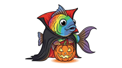Spooky Fish and Jack-o'-lantern: A colorful fish, dressed in a vampire cape, holding a carved pumpkin in a cheerful Halloween scene, radiating the spirit of Halloween.