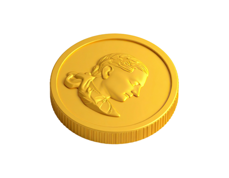 Gold coin with female profile relief. Textured edge, isolated on black