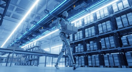 Obraz premium Futuristic robot carrying package inside factory photo 