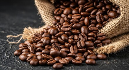 Fototapeta premium Roasted coffee beans spilling from burlap sack onto dark stone surface, close-up of aromatic coffee texture 
