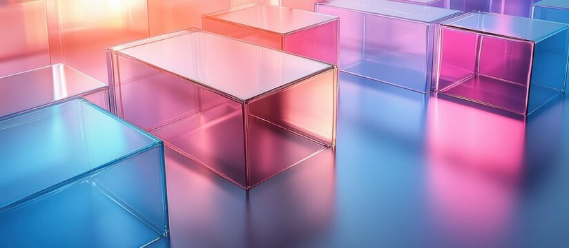 Transparent colorful rectangular glass blocks arranged in a grid pattern on a reflective surface with soft gradient lighting