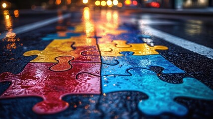 Colorful oversized puzzle pieces assembled on a wet city street at night with reflections of streetlights creating a vibrant bokeh effect