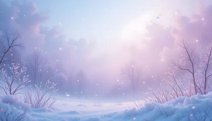 Peaceful winter landscape with snow and mist under a soft pastel pink and purple sky background