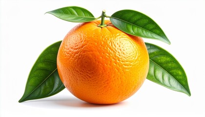 Describe a ripe orange with textured peel and three glossy green leaves on a white background. Highlight its vivid color, freshness, and natural appeal for food, health, or botanical use.