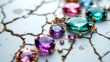 Colorful Gems and Jewelry on Cracked White Surface