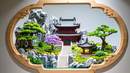 Traditional Asian Garden Scene with Pagoda and Miniature Landscape