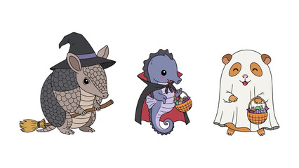 Whimsical Halloween Trio: A delightful illustration showcases a charming armadillo dressed as a witch, a seahorse as a vampire, and a panda as a ghost, ready for Halloween!