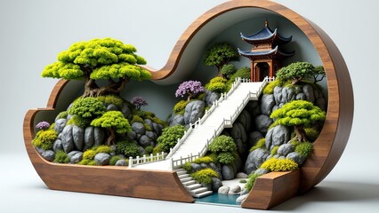 Serene Japanese Garden with Pagoda and Pathway Design Element
