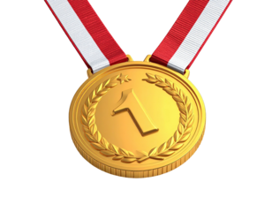A shiny gold medal with a red and white ribbon, symbolizing victory