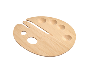 Wooden palette with divots and hole for thumb on black background
