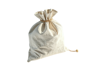 Isolated cream-colored sack tied with rope, casting a gentle shadow on black backdrop