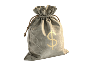 A full, weathered burlap sack tied closed with a gold dollar sign on it