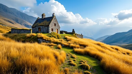 Serene Stone House Amidst Lush Golden Grassland Landscape