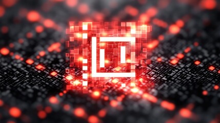 Glowing red digital microchip with pixelated square pattern and illuminated circuitry on dark electronic board