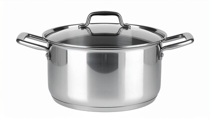 Describe a stainless steel cooking pot with lid and side handles on a wooden countertop, surrounded by herbs, garlic, onion, and pepper grinder. Highlight freshness, home cooking, and kitchen warmth.