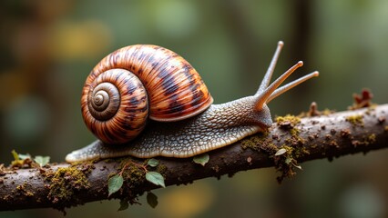 Colorful Snail Crawling on a Branch Surrounded by Greenery