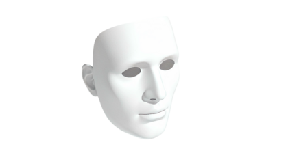 A plain white mask with hollow eyes, nose, and mouth against a black backdrop