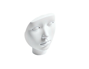 White, stylized sculpture of a partial face, set against a stark black background