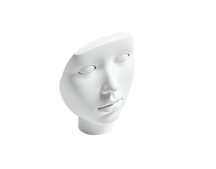 White, stylized sculpture of a partial face, set against a stark black background