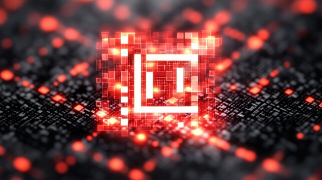 Glowing red digital microchip with pixelated square pattern and illuminated circuitry on dark electronic board