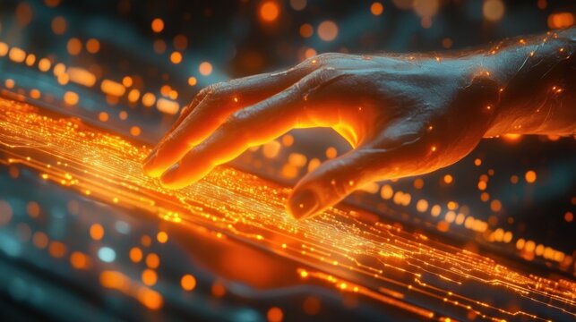 Human hand interacting with glowing digital interface emitting bright orange light and particles in futuristic technology setting