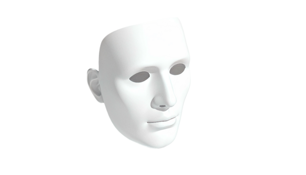 A plain white mask with hollow eyes, nose, and mouth against a black backdrop