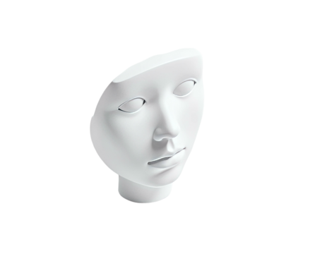 White, stylized sculpture of a partial face, set against a stark black background