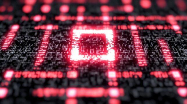 Close-up view of a glowing red digital square icon on a dark digital circuit board with scattered pixels and data points conveying technology and futuristic themes