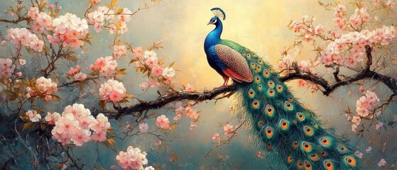 A colorful peacock perched gracefully on a blossoming tree branch with vibrant pink flowers against a soft, dreamy background