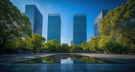 Modern glass office buildings surrounded by lush green trees under clear blue sky with reflective water feature in the foreground