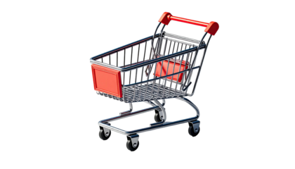 Metallic shopping cart with red accents, isolated against a stark black backdrop
