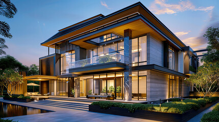 Modern luxury house exterior with large glass windows, spacious patio, and lush greenery, beautifully lit at dusk creating a serene ambiance.