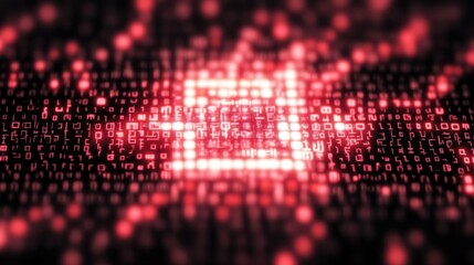 Glowing red digital circuit on a dark background representing technology and data processing with illuminated microchip pattern