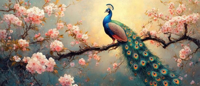 A colorful peacock perched gracefully on a blossoming tree branch with vibrant pink flowers against a soft, dreamy background