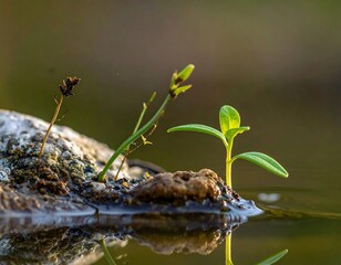 Obraz premium Small Plants Growing on a Rock in Water.