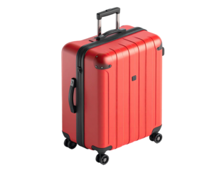 Red, upright, wheeled suitcase with handle extended, isolated on black